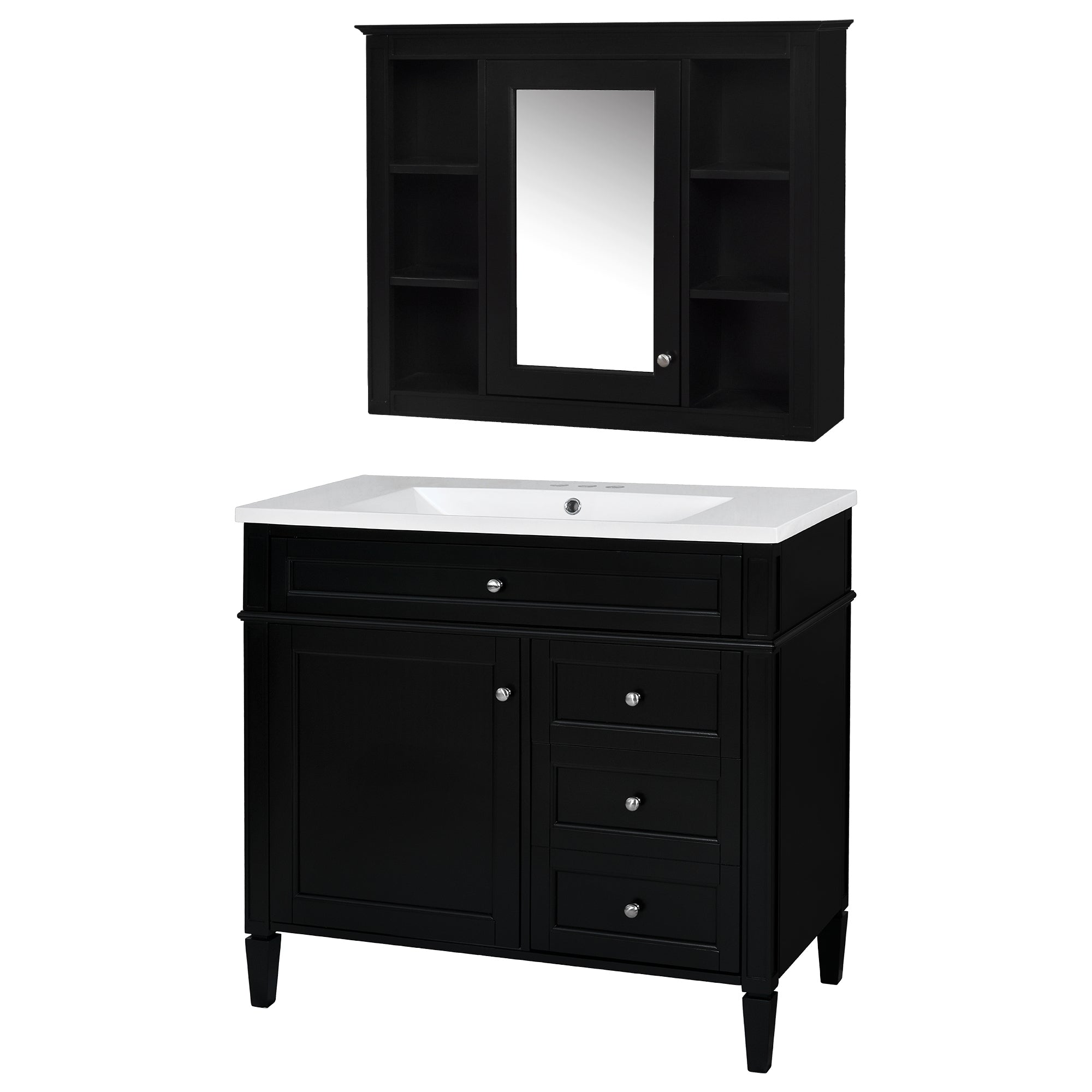 VanityFus 36-in Black Bathroom Vanity Undermount Single Sink Combo Resin Top with 2 Soft Close Doors 3 Drawers Adjustable Shelves
